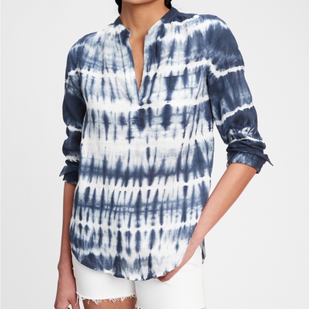 Gap Tie-Dye Linen Popover Top Tunic Blouse- NWT- Navy- Size MEDIUM
